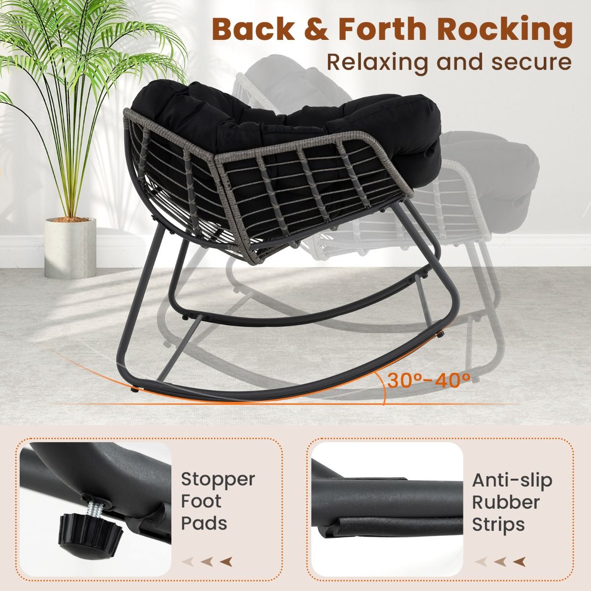 Fauteuil à bascule Coast - très grand format - coussin épais amovible - noir