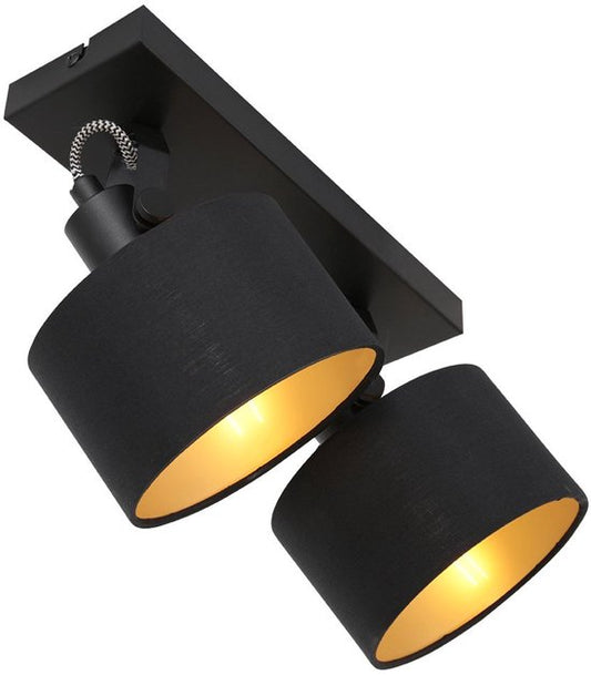 Spot à 2 lumières Ornoir 3334ZW noir avec abat-jours dorés, orientable et inclinable, métal et textile, style moderne, Mexlite, intérieur