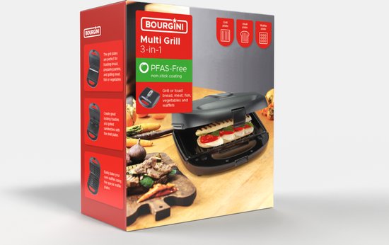 Bourgini MultiGrill 3-en-1 - Toasti maker, Grill & Gaufrier - Sans PFAS - Plaques interchangeables - 750W