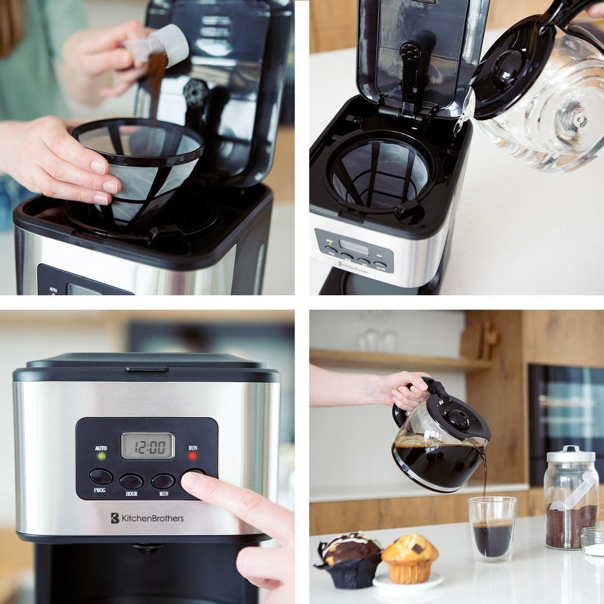 Cafetière KitchenBrothers - Avec pichet en verre - 12 tasses - Noir