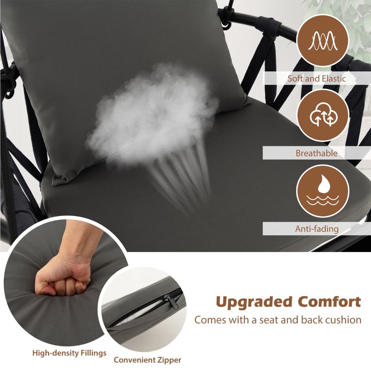 Fauteuil suspendu Coast avec support - Dossier tressé - Coussins d'assise et de dossier inclus - Gris