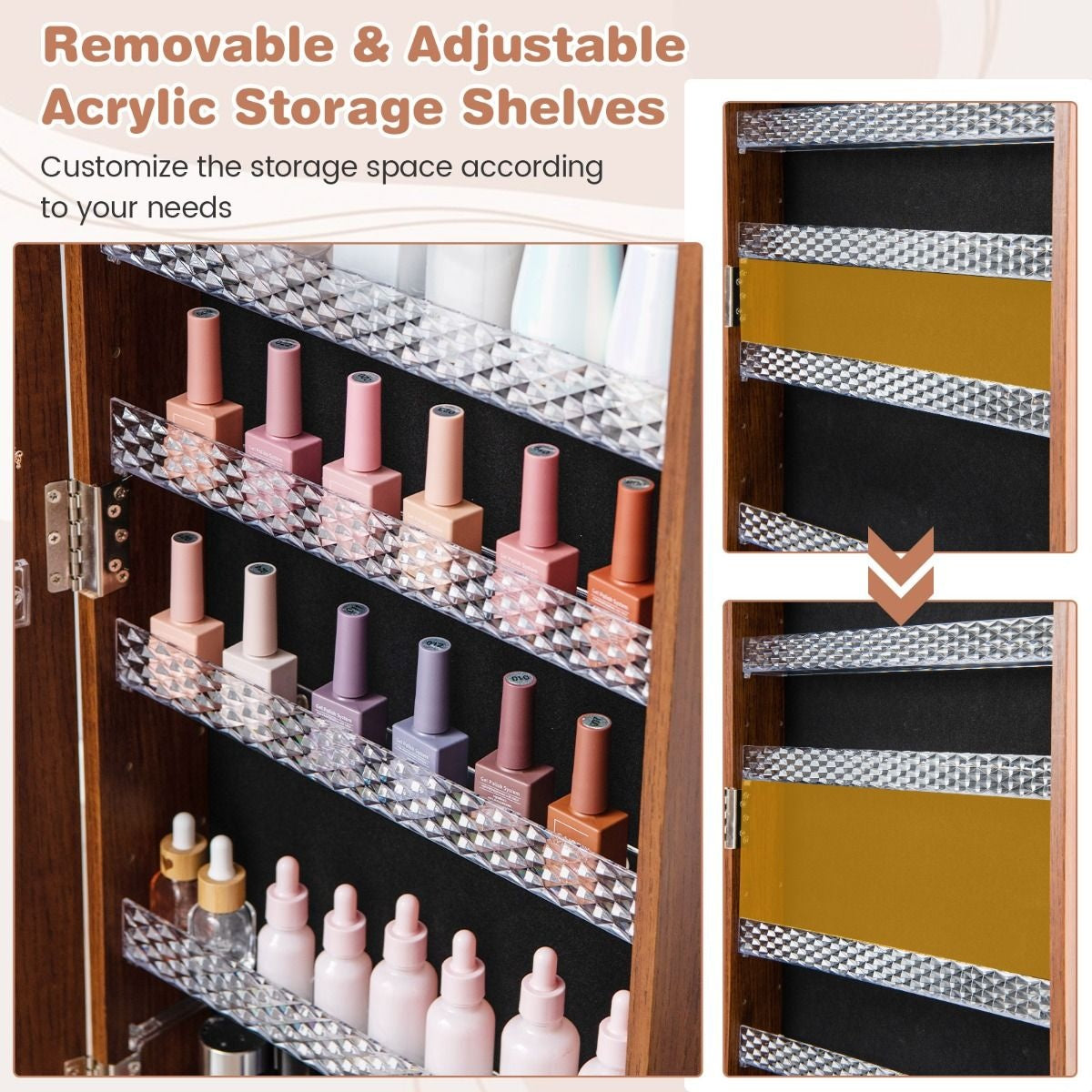 163 cm Armoire à bijoux verrouillable Miroir de maquillage intégré Eclairage LED 3 couleurs Etagères réglables Roulettes universelles
