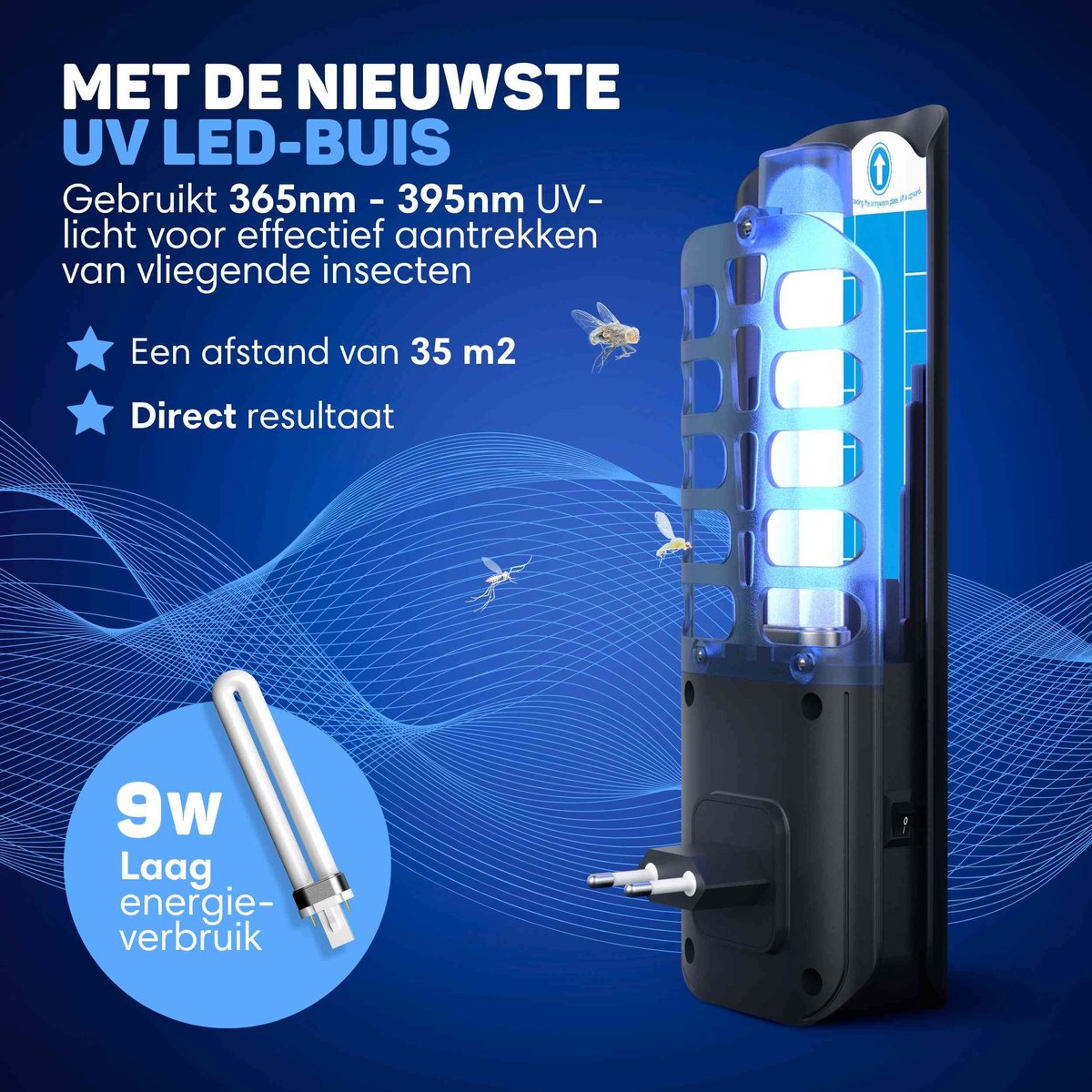 Vulpes Goods® Lampe anti-moustiques 9x9x25cm - Gris - Lampe anti-mouches UV-LED avec bande adhésive - Silencieuse, inodore et sans poison - Inclut 10 feuilles de colle rechargeables - Pour l'intérieur