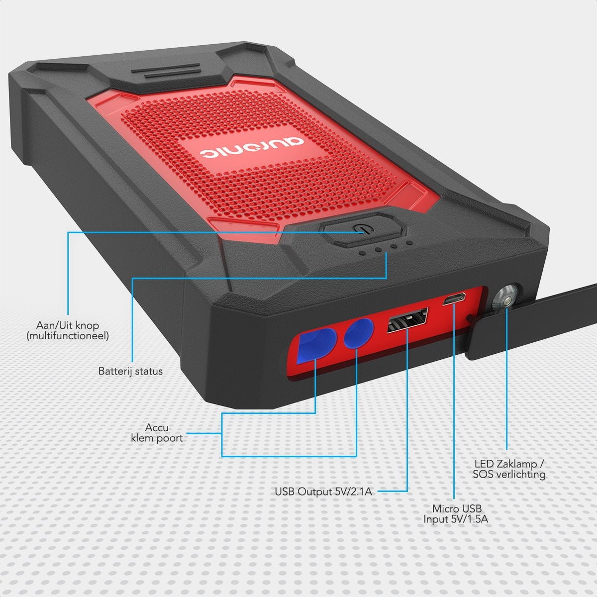 Auronic Jumpstarter - 12V - 600A - 7200 mAh - Lumière LED - Rouge/Noir