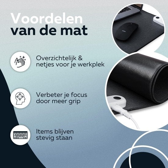 WURK Professional Tapis de bureau chauffant - 30℃ à 50℃ - Organisateur de bureau - Comprend un clip de câble - Noir - 80x33