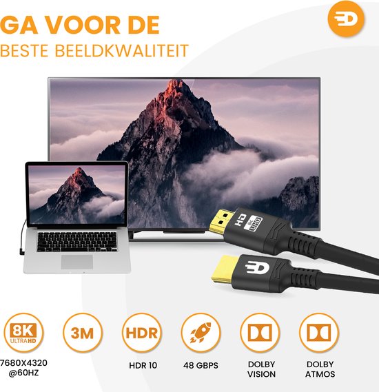 Drivv. Câble HDMI Premium 2.1 - Ultra HD 8K - HDMI vers HDMI - Convient à Xbox Series X & PS5 - 3 mètres - Noir