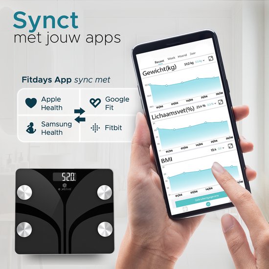 e.volve Scale Pèse-personne numérique - 20x - Noir - Pèse-personne intelligent avec analyse corporelle - Pèse-personne de précision - App. incluse