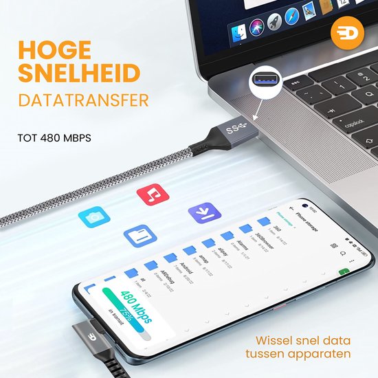 Drivv. Câble USB vers USB C - Angulaire - Modèle 2024 - Câble de données et de charge USB C - Charge rapide / Chargeur rapide - 1,5 mètre court - Convient à Samsung, iPhone 15 et plus - Gris
