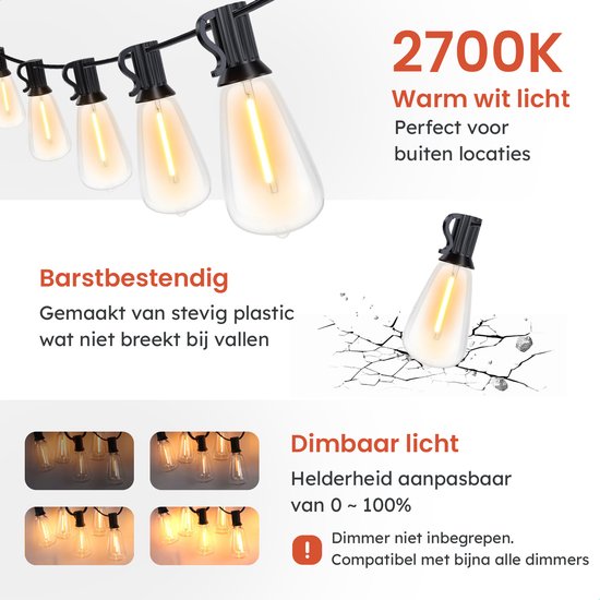 Partizzle 15m LED Guirlande lumineuse Edison - 25 Lampes - Guirlande lumineuse de Noël étanche pour terrasse extérieure et camping - Lumières de Noël / Lumières de jardin - 2700k / Blanc chaud