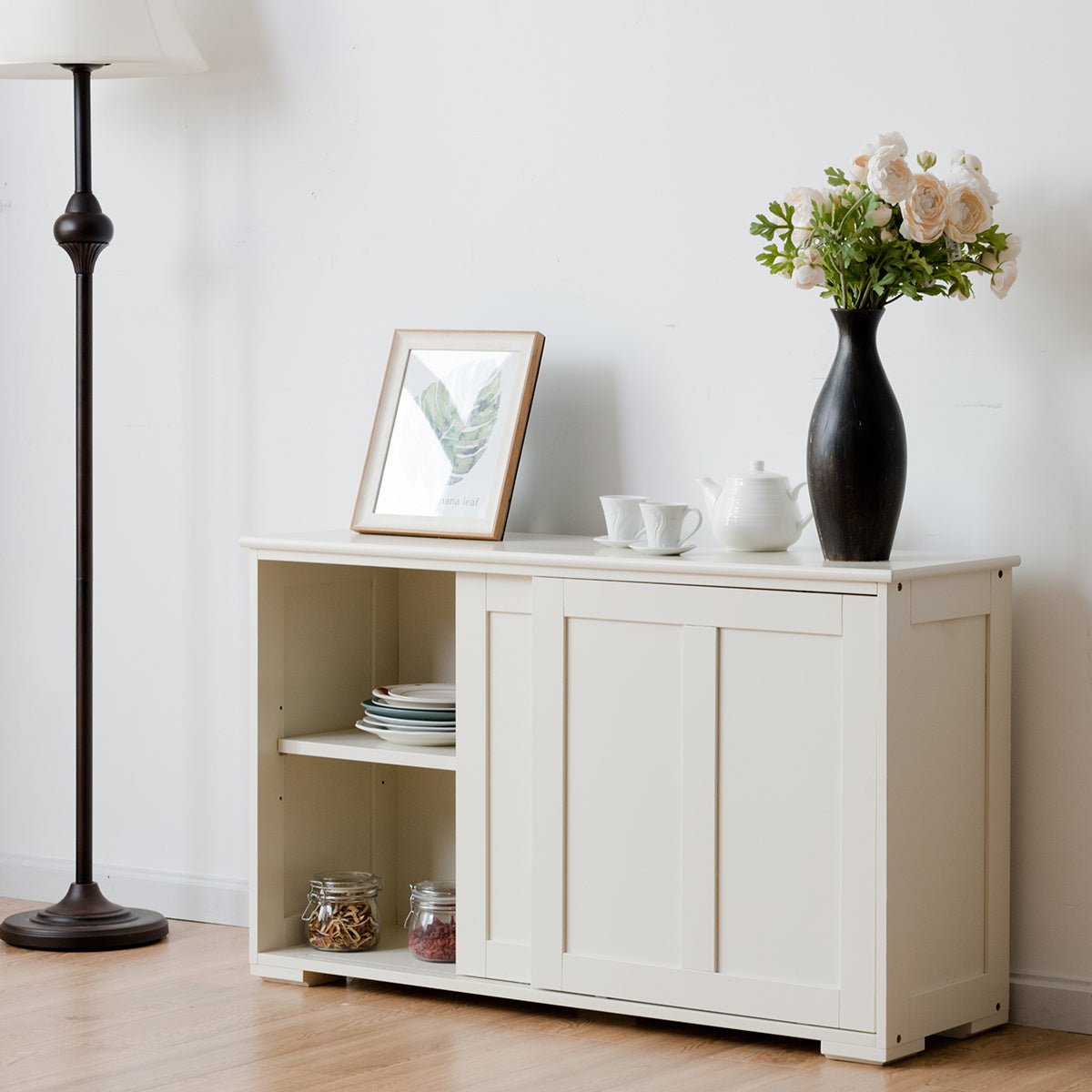 Coast Sideboard Sideboard armoire de cuisine avec portes coulissantes Blanc/brun 106,5 x 33 x 60 cm Beige