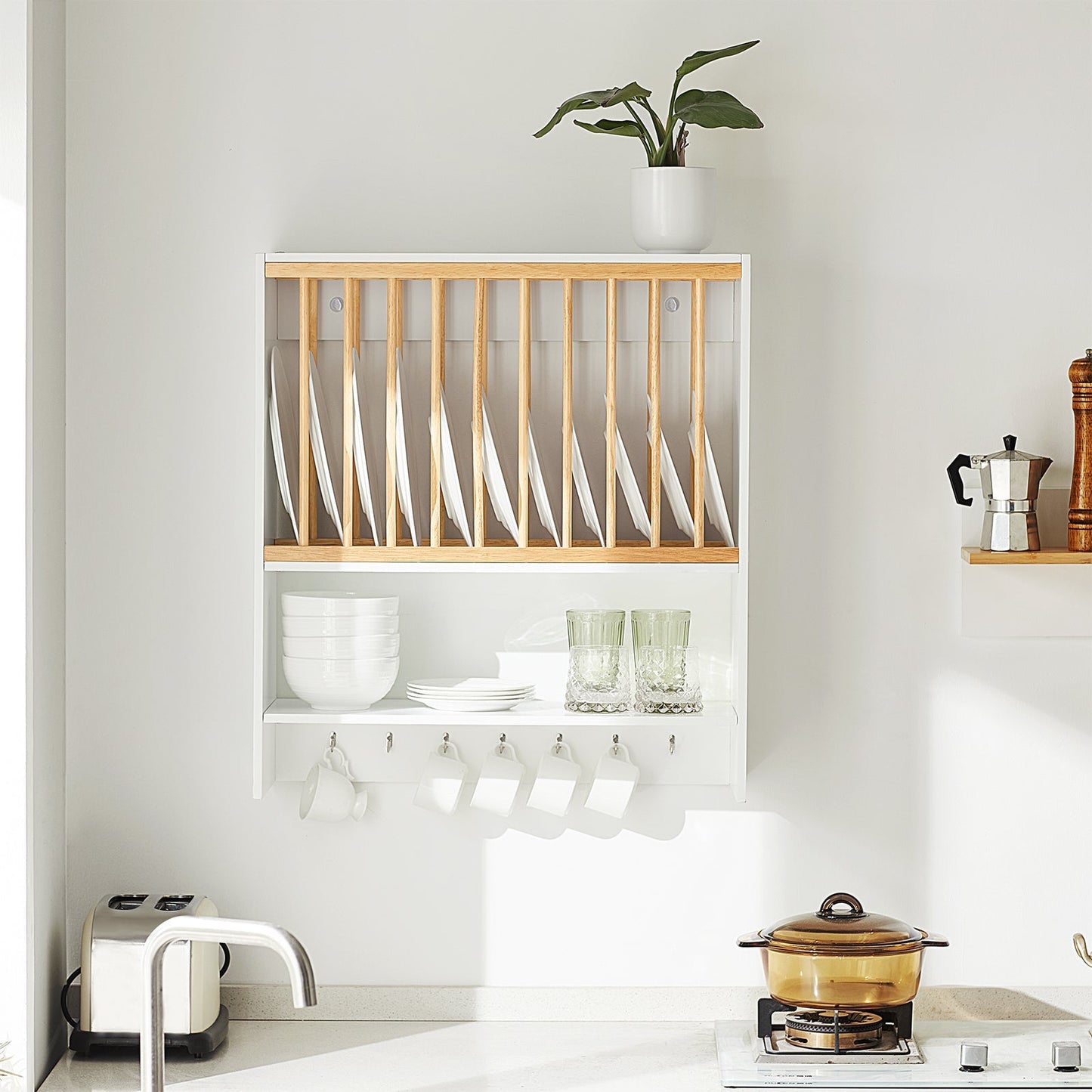 SoBuy Meuble de rangement avec support pour assiettes - Max. 10 kg - 64 x 24 x 71 cm - Blanc/ Naturel