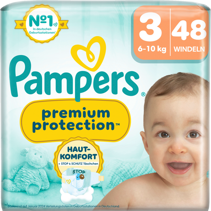 Pampers Premium Protection - Couches Taille 3 - 48 pièces - Pour les bébés de 6 à 10 kg - Ultra douces, respectueuses de la peau et à double protection