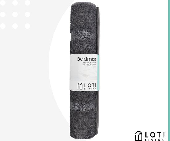 Loti Living Tapis de bain avec tapis de toilette antidérapant - Tapis de douche - Tapis de salle de bain - Tapis de sol - Tapis de bain avec tapis de toilette - Tapis de bain antidérapant - Gris - 50x80 cm + 50x40 cm