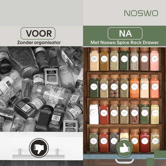 Noswo Tiroir à épices avec 28 pots - Set complet - Carré - Couvercle à saupoudrer et étiquettes - Organisateur d'épices - Organisateur de tiroirs de cuisine - Acacia