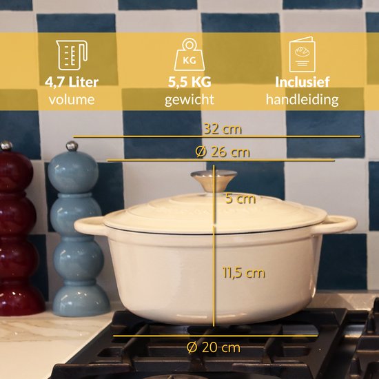 Poêle en fonte Chefarone 4,7 L - Sans PFAS - Poêle à rôtir avec couvercle - Poêle compatible avec toutes les sources de chaleur - Poêle Ø 26 cm - Émaillée blanc crème - Cadeau pour femme