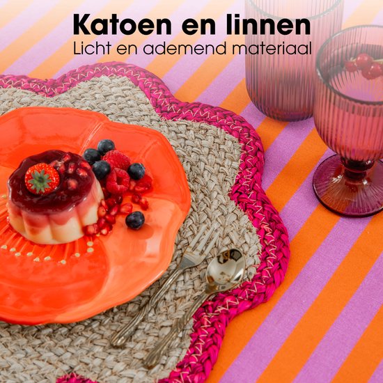 Mica Decorations : nappe rayée pour table à manger - Nappe d'intérieur et d'extérieur 250 x 140 cm - Toile cirée 100 % coton - Orange, rose