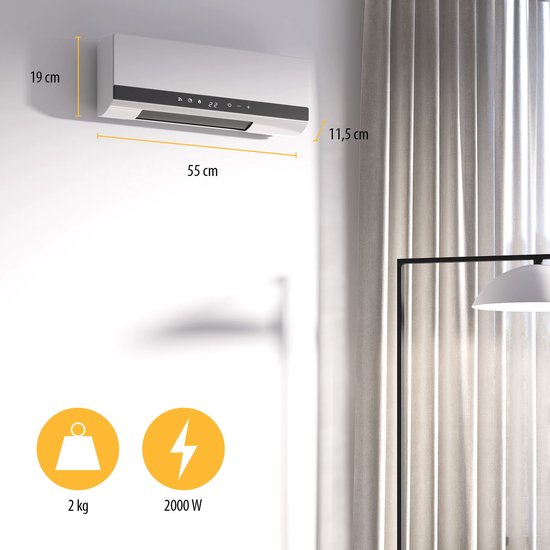 Radiateur céramique Tristar KA-5216 – 2 000 W – Avec télécommande, minuterie et fonction d'oscillation – Montage mural