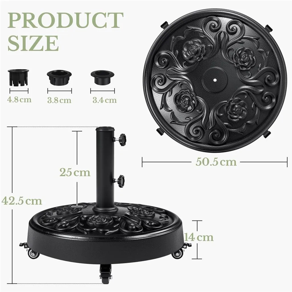 Pied de parasol Yaheetech 25 kg, Ø 50,5 cm - Noir - Pied de parasol mobile avec roulettes et design rétro