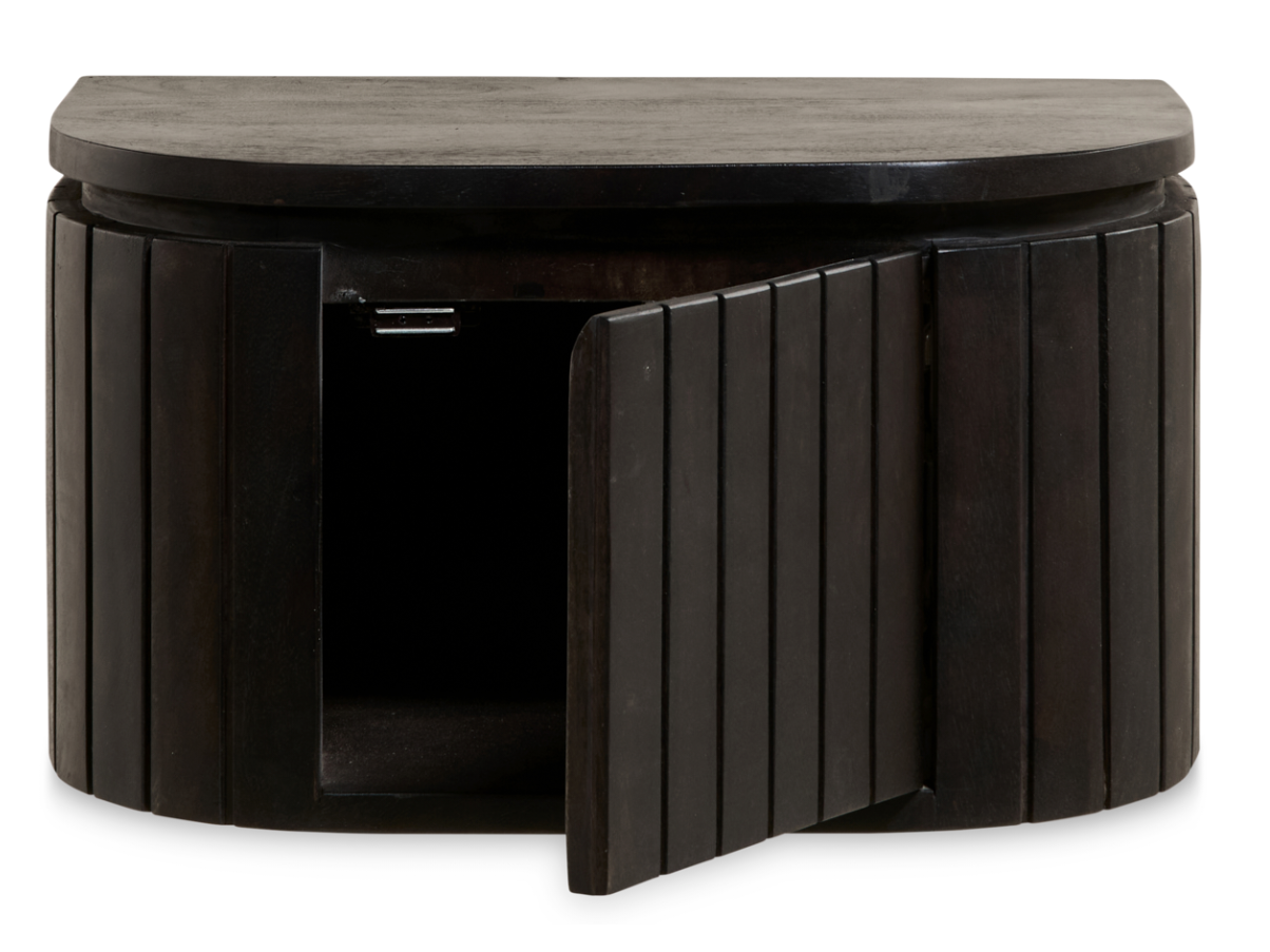Table de chevet suspendue Multifurn Mokka – 45 x 30 x 25 cm – Bois de manguier brun foncé, motif à lattes et forme arrondie – 1 pièce