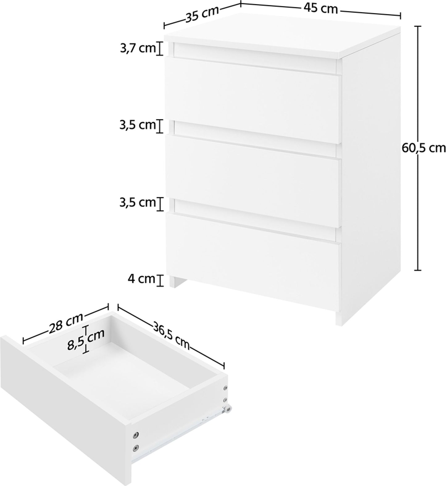 Yaheetech Table de chevet avec 3 tiroirs - Blanc - 45.5 x 35.5 x 60.5 cm