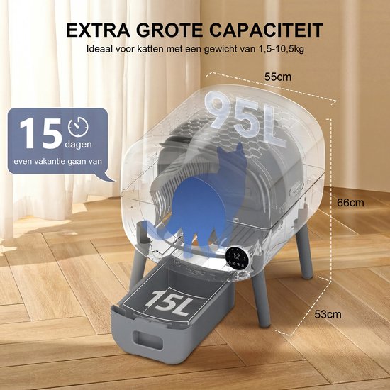 Bac à litière autonettoyant - Bac à litière automatique grande capacité - XXL 95 L - Bac à litière électrique - Avec application, tapis de bac à litière et 3 rouleaux de sacs de ramassage