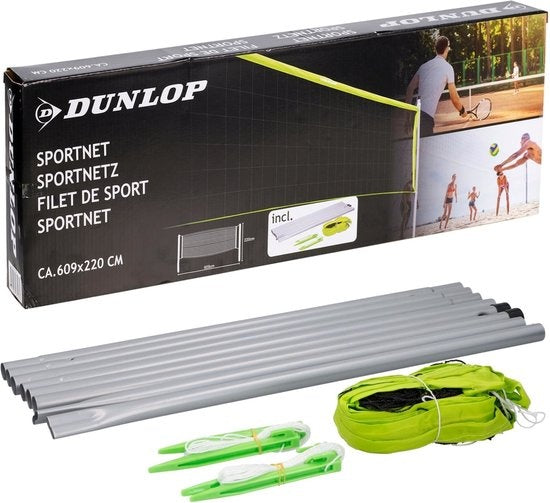 Dunlop Sports Net 609 x 220 CM - Filet de volley-ball - Filet de tennis - Filet de badminton - Set complet avec bâtons, filet, piquets de sol et cordes de tension - Utilisation multifonctionnelle - Vert/Noir