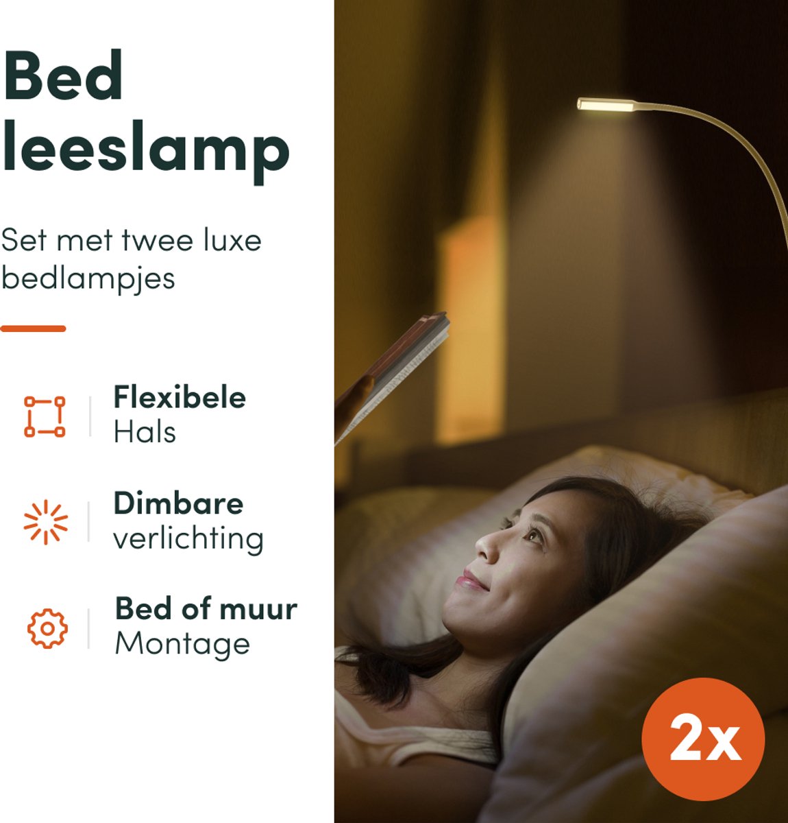 Nolt - Lampe de lecture Lampe de chevet - LED dimmable, lot de 2, pince - Hauteur 58 cm - Métal - Or