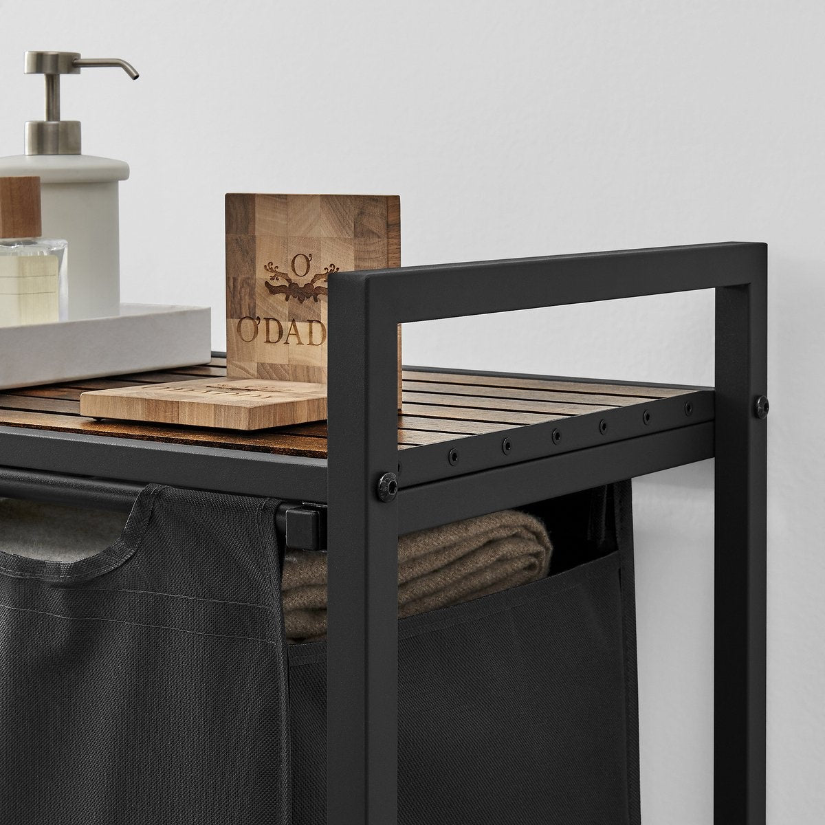 O'DADDY® Panier à linge 2 compartiments - trieur de linge extensible avec étagère - 73 x 33 x 72 cm - métal - noir avec marron