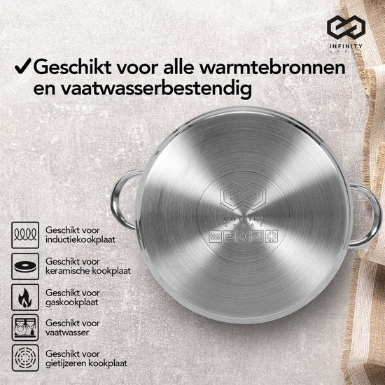 Infinity Goods Faitout - Couvercle en verre - 16.5L - 30 CM - Induction Gaz Céramique - Lavable au lave-vaisselle - acier inoxydable