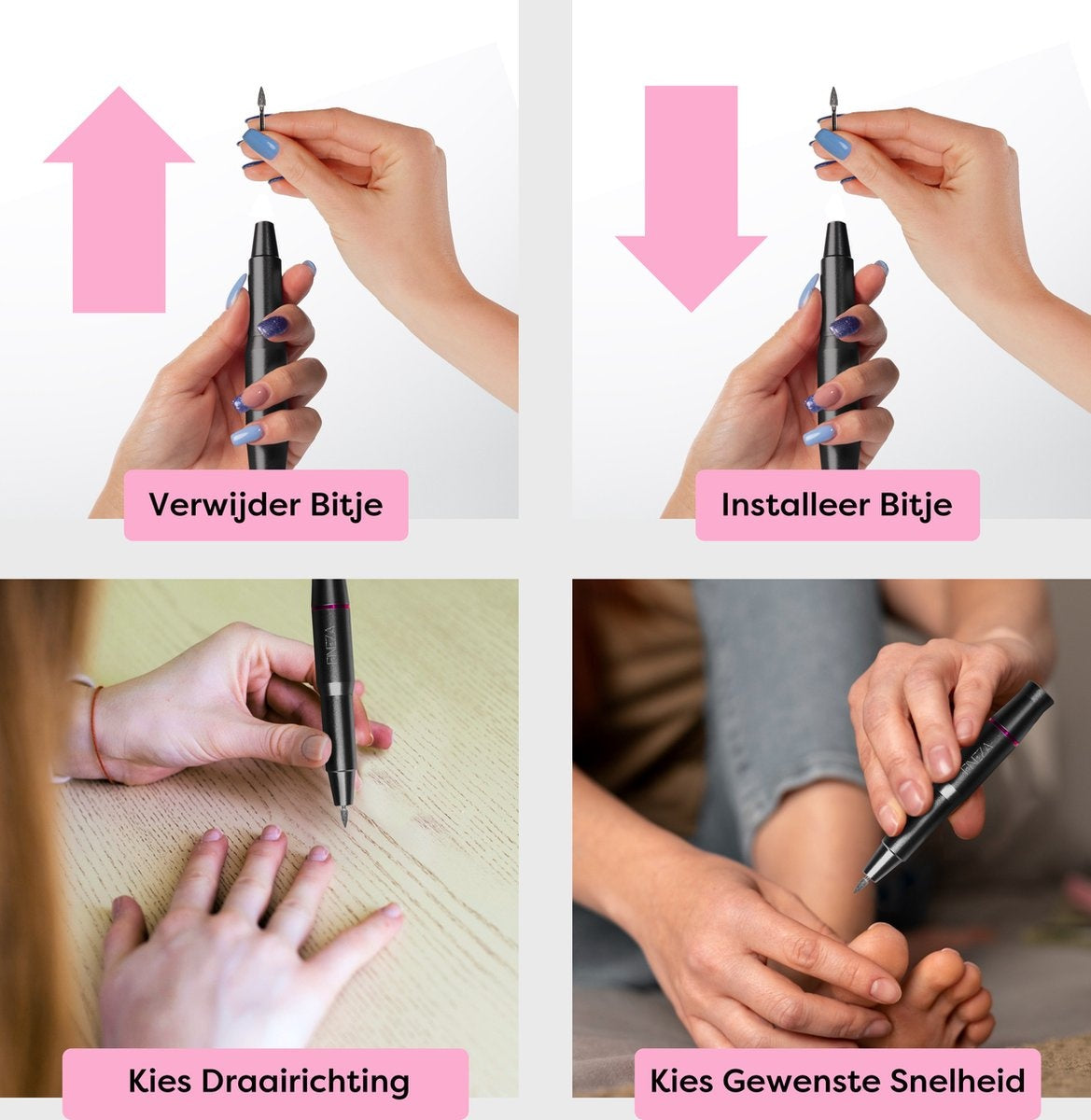 Fineza Lime à ongles - Électrique - Lime à ongles - Avec embouts - Avec rouleaux de ponçage - Extracteur de callosités - Appareil de manucure - Set de pédicure - Gris