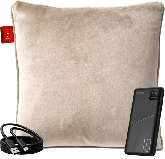 Coozie Rechargeable Heat Pillow - sans fil et filaire - 45-65°C - Velours - 45 x 45 cm - Beige - Oreiller électrique - Powerbank incluse - Jusqu'à 8 heures de chaleur