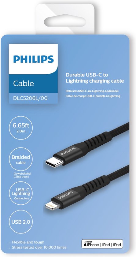 Câble USB 3.0 Philips - USB-C vers Lightning - Longueur : 2 mètres - Nylon de qualité supérieure - Noir