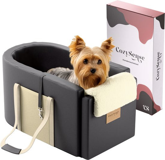 CozySense® Siège auto pour chien - Panier auto pour chien avec housse lavable - Pour petit chien - S'adapte à la console centrale - Sert également de sac de transport - Noir/Beige