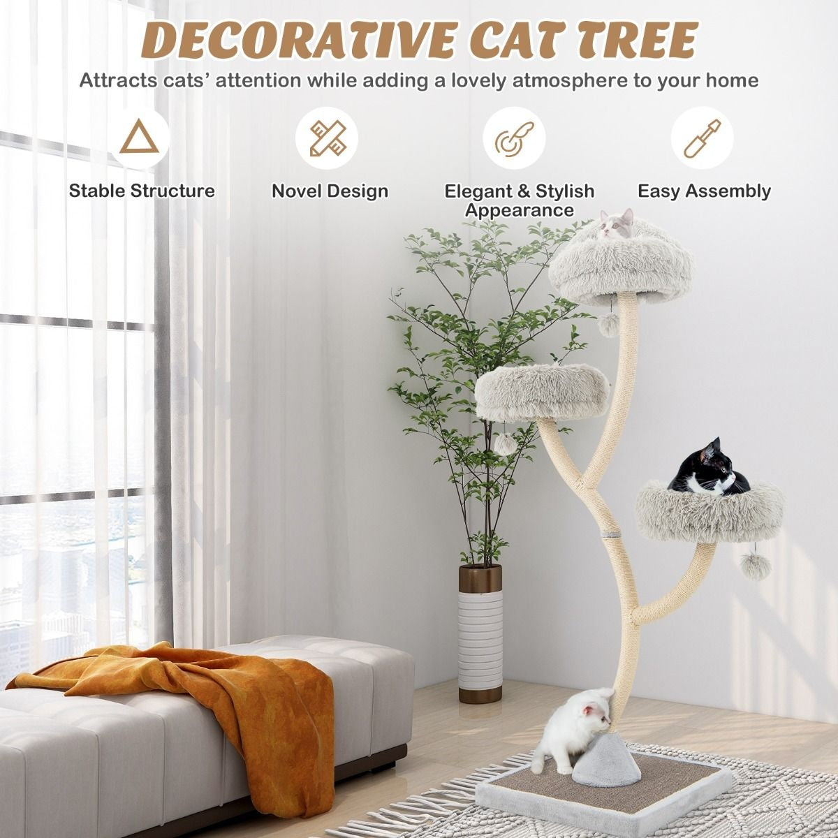 Arbre à chat Coast avec colonnes pour chat - 3 surfaces de couchage chaudes - 59 - 59 - 178 cm - Gris