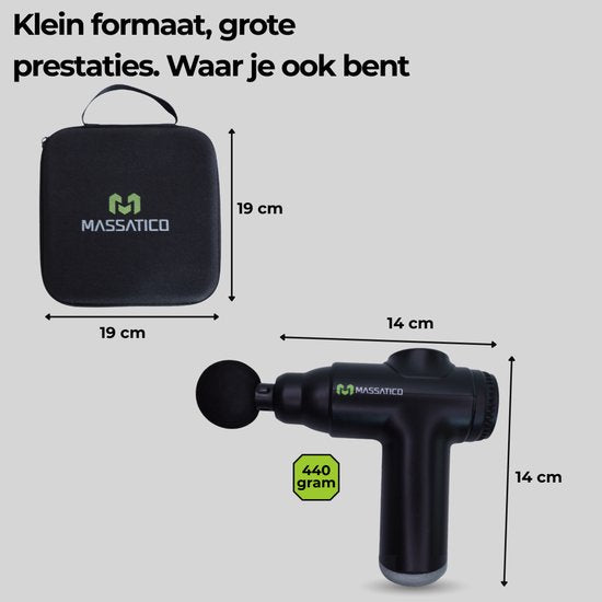 Massatico Massage Gun Compact - Appareil de massage professionnel et puissant - Appareil de massage / Pistolet de massage - Noir - 5 embouts - 32 réglages - Avec mallette