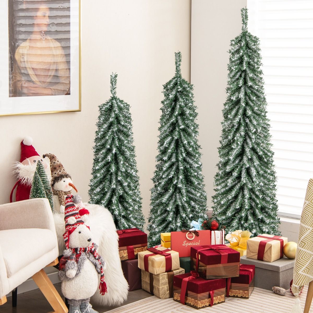 Lot d'arbres de Noël artificiels Coast - en forme de crayon - avec neige artificielle et éclairage LED - 120/150/180 cm
