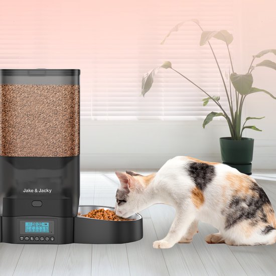 Jake and Jacky Automatic Feeder Cat and Dog - 5 Litres - Incl. Stainless Steel Feeder & Slowfeeder - Feeding Dispenser & Anti-Snatching Bowl - Feeder for Cats & Dogs - Black