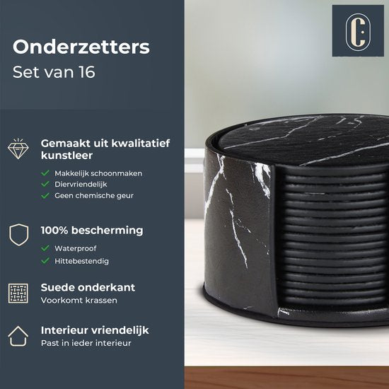 Castagnola Sous-verres en faux cuir - Sous-verres pour verres - Sous-verres design avec support - Sous-verres en cuir - Cuir - Lot de 16 - Aspect marbré - Noir/Blanc