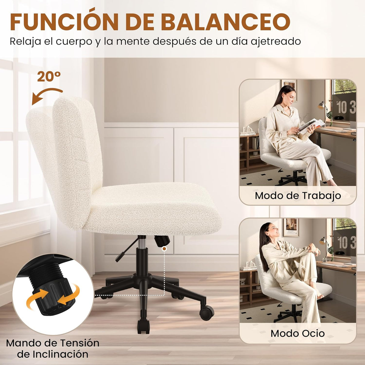 Chaise de bureau Yaheetech à roulettes et à large assise 66 × 65 × 92 cm, blanc ivoire