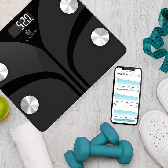 e.volve Scale Pèse-personne numérique - 20x - Noir - Pèse-personne intelligent avec analyse corporelle - Pèse-personne de précision - App. incluse