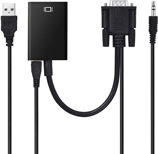 Techvavo® Adaptateur VGA (+ Audio) vers HDMI Convertisseur Universel - Avec Jack 3.5MM Aux & Câble d'alimentation USB - Convertisseur Vidéo Analogique Vers Numérique - Mâle Vers Femelle - 1080P Full HD - inclut un câble d'alimentation USB