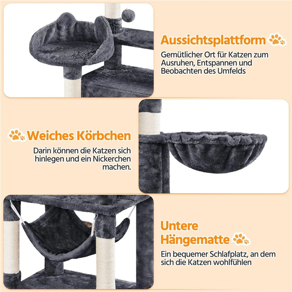 Yaheetech Cat Post XXL avec 2 plateformes d'observation - équipé de 2 trous pour chats, d'un hamac et de 7 poteaux en sisal - pour les foyers avec plusieurs chats - peluche et sisal gris foncé - 55,5 x 45,5 x 170 cm