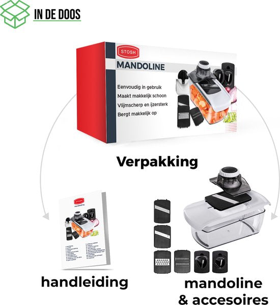 Mandoline Stosh - Coupe-légumes - Coupe-oignons - Coupe-spirale - Râpe - 6 pièces - Plastique - Sans BPA