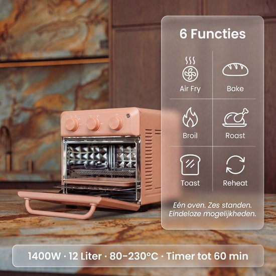 Safecourt Four Airfyer 6-en-1 - 100% sans PFAS - 6 programmes - 80 à 230 degrés - Airfryer, cuire, rôtir, toaster, griller & réchauffer - Rose