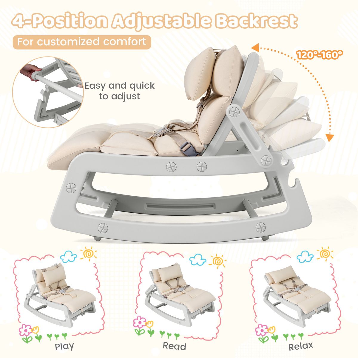 Fauteuil à bascule Coast 2-en-1 pour enfants - dossier réglable - coussin d'assise lavable - gris
