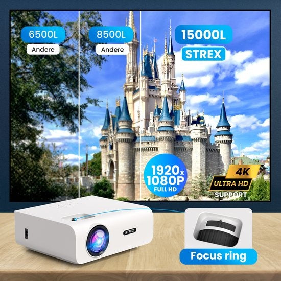 Strex Beamer - 1080P Full HD - 15000 Lumen - Streaming sans fil - Sacoche/écran de projection inclus - WiFi - Bluetooth - Mini Beamer - Projecteur