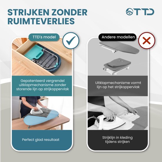 TTD® Table à repasser pliable sans ligne de pliage - Comprend une planche à manches et une boucle de suspension - Mini table à repasser avec porte-fer - Table à repasser de table pliable - Petite table à repasser pliable