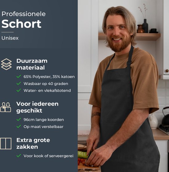 Tablier de cuisine - Résistant à l'eau et à la saleté - Tablier de cuisine professionnel - Tablier pour dames et messieurs - Tablier de traiteur - Unisexe - Boucle réglable - Compartiments extra-larges - Gris