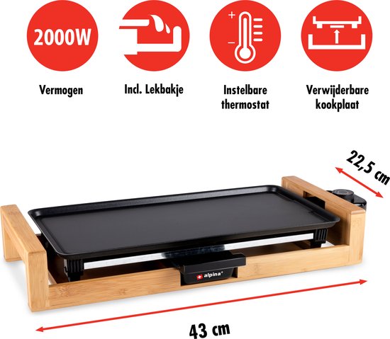 alpina Teppanyaki griddle - Gril de table - Antiadhésif - 2000W - 43x22,5cm - Noir