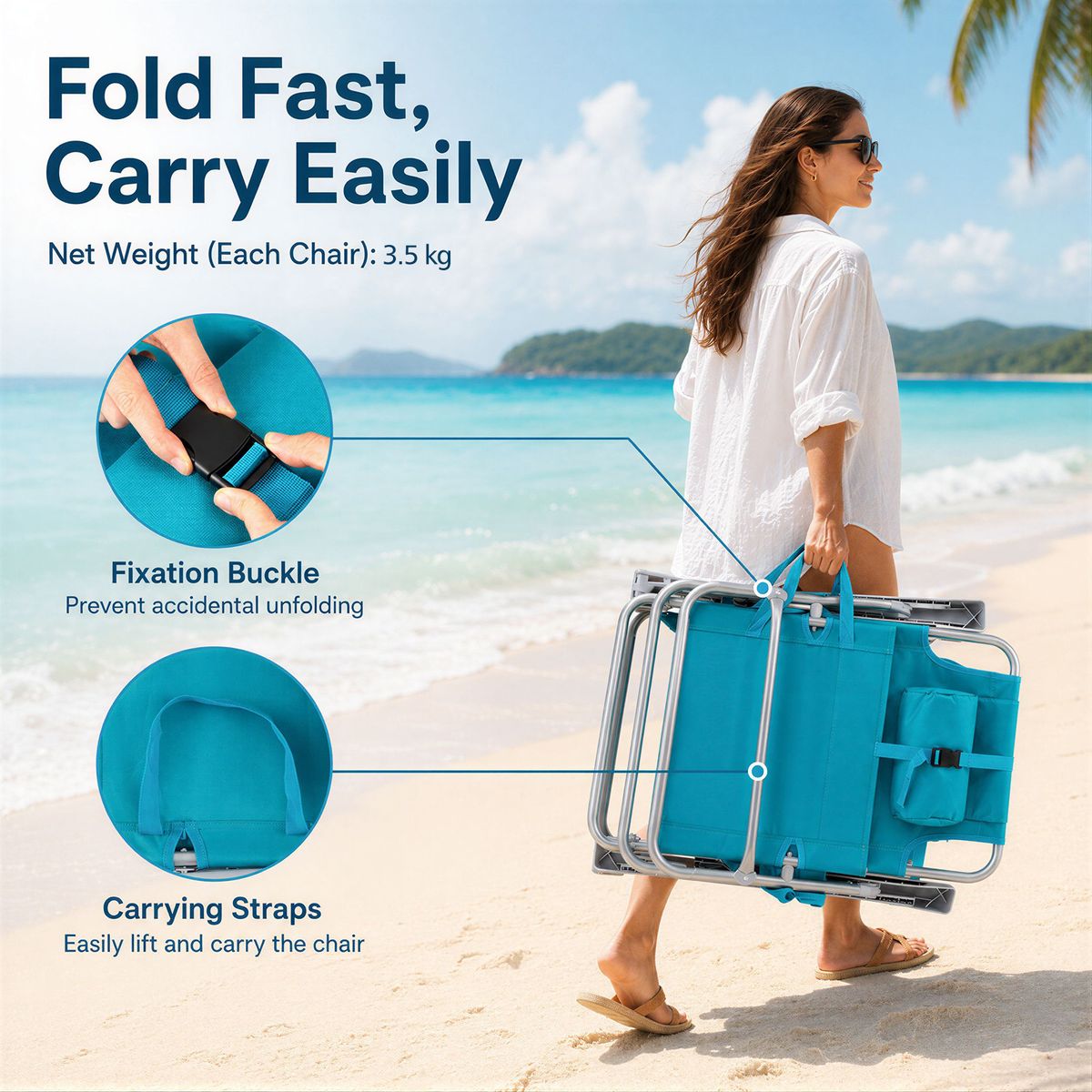 Ensemble de 2 chaises de plage Coast - pliables, avec dossier et appui-tête réglables - turquoise